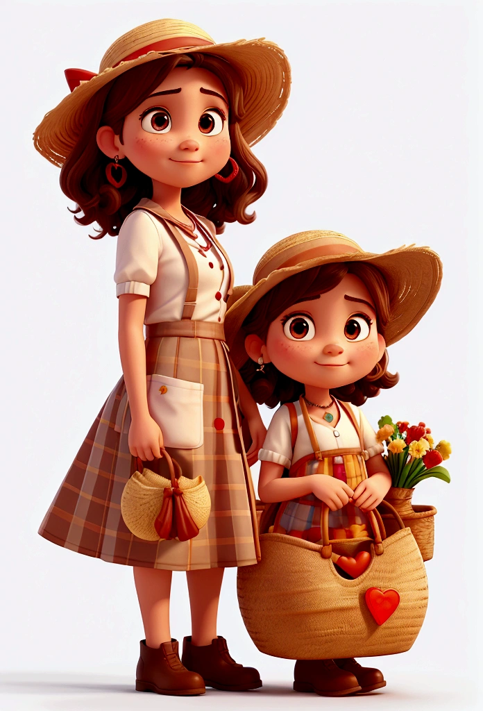 Create a 3D Movie Poster Inspired by Disney Pixar, Dinner must be in digital art style,Round face, big, bright brown eyes, rosy cheeks. Light brown bun hair, wavy and loose to the shoulders. Wearing a white blouse with puffed sleeves, blue and red plaid skirt, apron with large pockets, distressed brown leather boots.
Accessories: straw hat with red ribbon, colorful bead necklace, heart earrings. Wicker basket with fresh flowers and fruits.