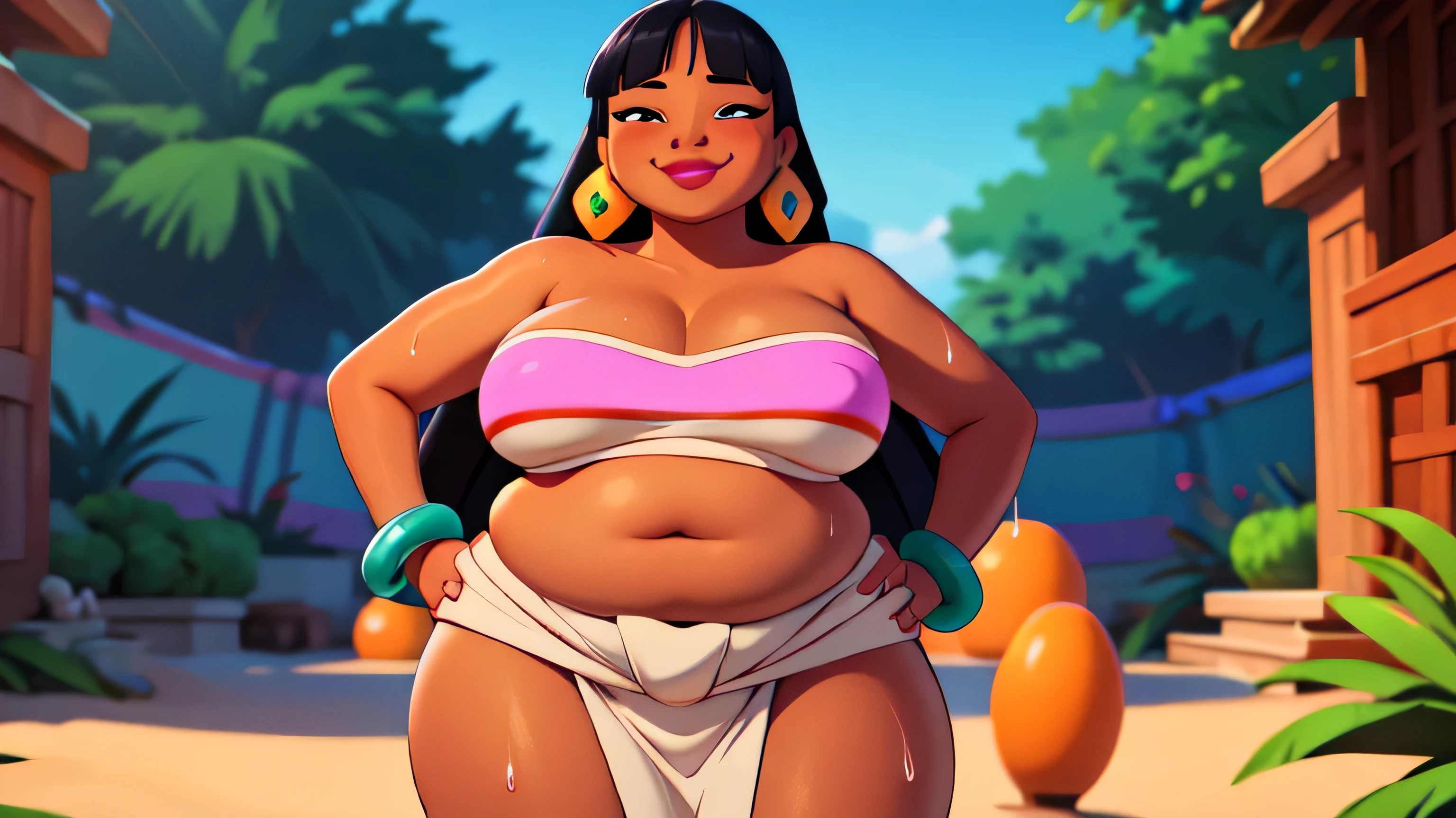 (work of art:1.2, best qualityer:1.2), soft ambient lighting, perfect lighting, 1 girl, standing alone, Chel, Bblack hair, long hair, rhombus stripe, eyes browns, darkskin, lipstick, big, Broad Hips, top of the tube, neckleace, bared shoulders, emerald earrings, emerald bracelets, looking at the camera with a smug expression on his face, beach background, very large body, fat belly rolls, big bresmile, fat arthunder thighs, super fat, looking at viewer, wet clothes, sweating very hard, sexy looking, blob