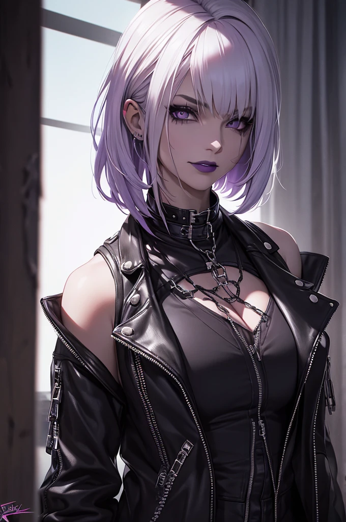 a punk girl, student, hooligan, short messy white hair, purple eyes, black punk clothes, punk, chains, black sleeveless top, baggy black pants, sadistic smile, aggressive, dark purple lipstick, thug, (best quality,4k,8k,highres,masterpiece:1.2),ultra-detailed,(realistic,photorealistic,photo-realistic:1.37),cinematic lighting,dramatic shadows,gothic,dark fantasy,moody,dramatic, leather jacket hanging from the shoulders pumped up muscles