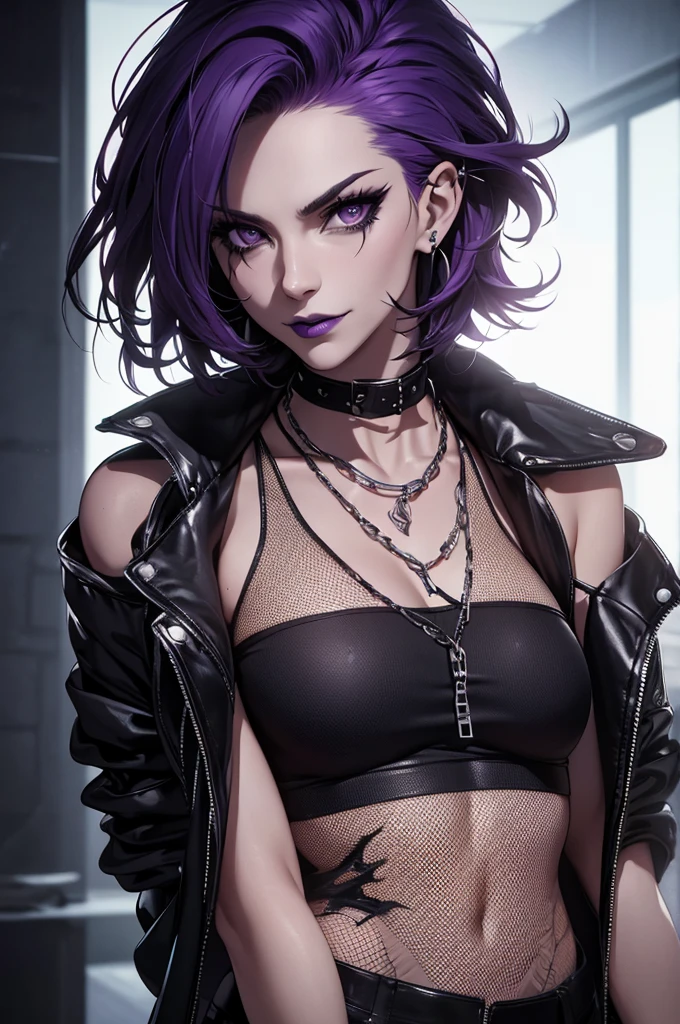 a punk girl, student, hooligan, short messy white hair, purple eyes, black punk clothes, punk, chains, black sleeveless top, baggy black pants, sadistic smile, aggressive, dark purple lipstick, thug, (best quality,4k,8k,highres,masterpiece:1.2),ultra-detailed,(realistic,photorealistic,photo-realistic:1.37),cinematic lighting,dramatic shadows,gothic,dark fantasy,moody,dramatic, leather jacket hanging from the shoulders pumped up muscles