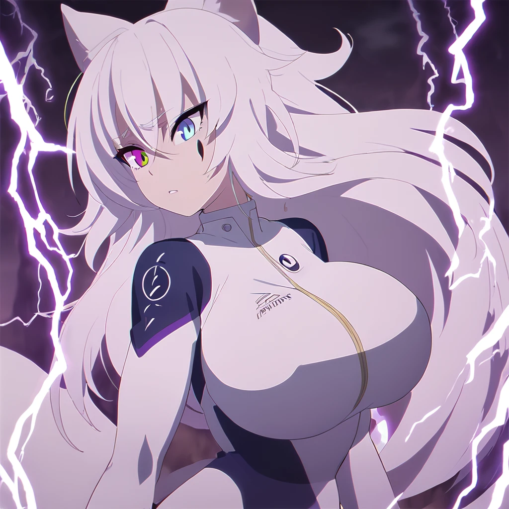 beautiful white neko, long white neko ears, white neko tail, anime style, purple eye, blue eye, big breasts, extremely detailed eyes and face, Wearing White and Purple Race Suit, white long hair, heterochromia, wide waist, mature woman, black small beauty mark under right eye, lightning