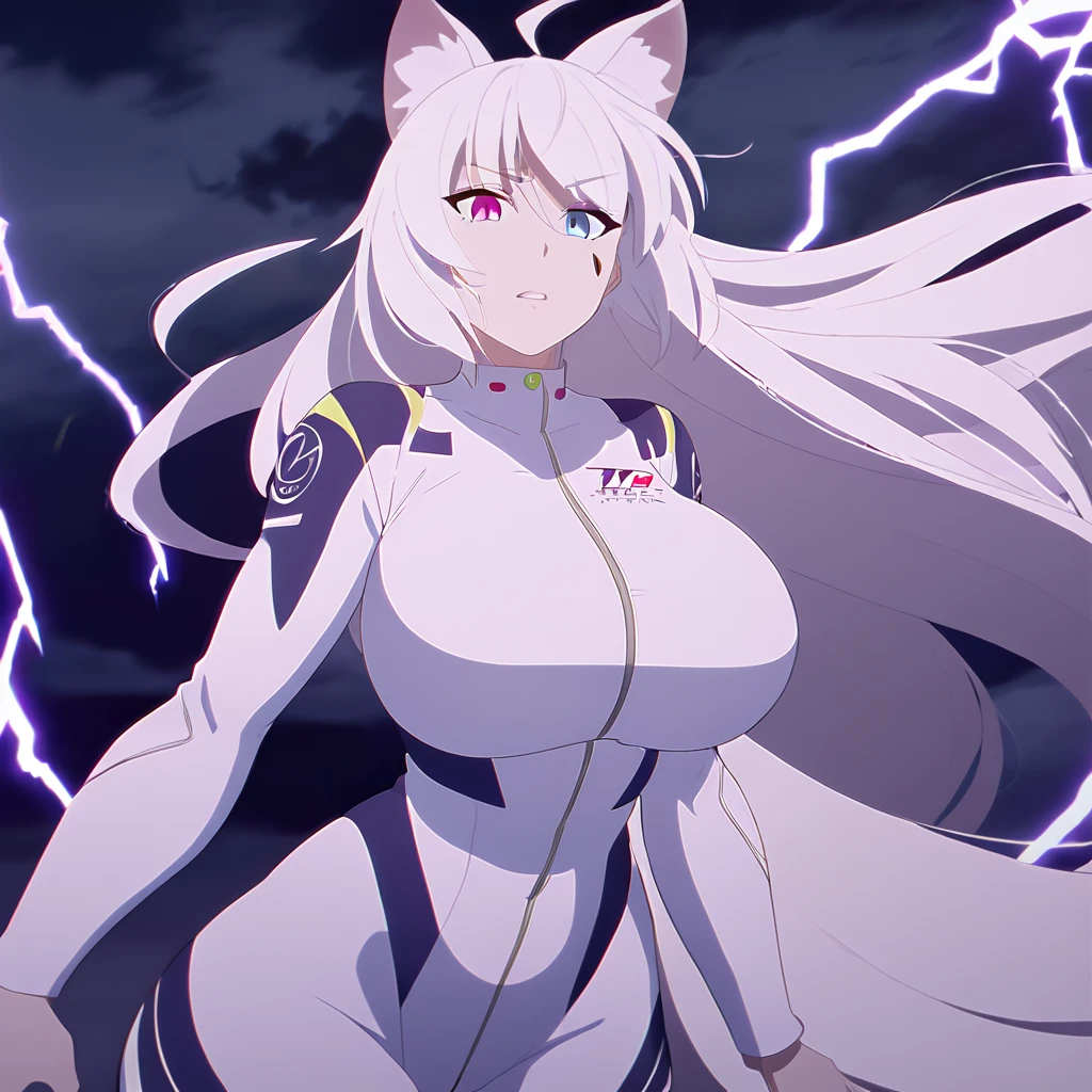 beautiful white neko, long white neko ears, white neko tail, anime style, purple eye, blue eye, big breasts, extremely detailed eyes and face, Wearing White and Purple Race Suit, white long hair, heterochromia, wide waist, mature woman, black small beauty mark under right eye, lightning