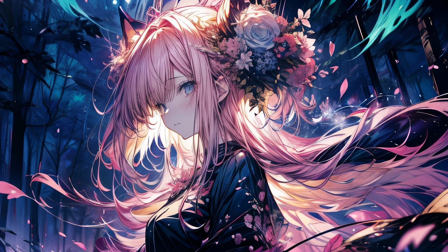 Anime girl with long pink hair and blue eyes standing in a forest., detailed digital anime art, 4K anime style, hermoso portrait animado, portrait, Knights of the Zodiac, , anime art wallpaper 4k, 4k anime art wallpaper, blonde anime girl with long hair, High quality 8K detailed art, anime art wallpaper 8K, pink fur princess, detailed anime art