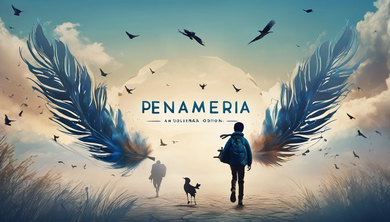 Create a professional, fantastic, cinematic Youtube Banner for a brand about music and stories called " Penamemoria". Masterpiece, 4k, sharp focus, highest quality,wide shot. The title is " Penamemoria". Is a brand about the creative, unique journey of a boy into becoming a musician storyteller. In his journey he finds inspiration in a world of birds and feathers. Minimalistic, simple, poetic, dreamy logotype at the center of the image. The Background image is a world full of fantastic feathers, unique birds, light blue sky, and a boy running happily into the horizon with an acoustic guitar in his right hand. Boy running against the wind, almost simulating like he is flying