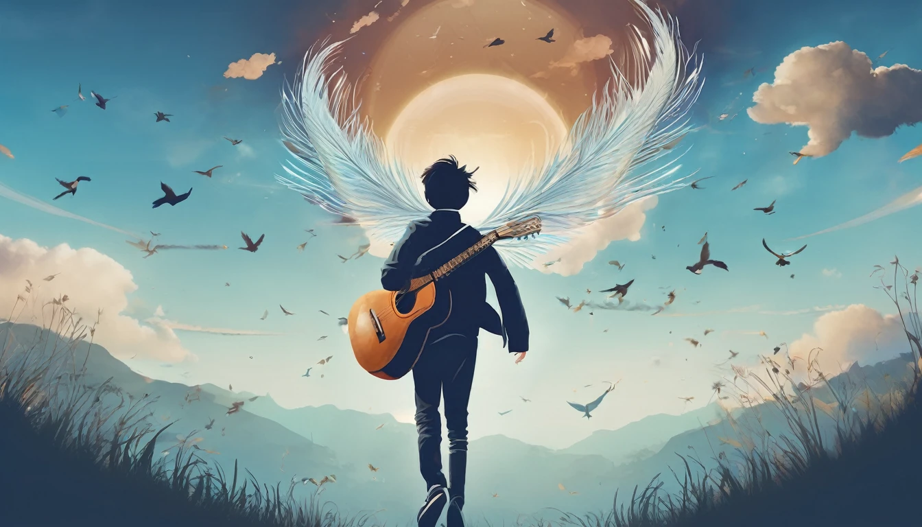 Create a professional, fantastic, cinematic Youtube Banner for a brand about music and stories called " Penamemoria". Masterpiece, 4k, sharp focus, highest quality,wide shot. The title is " Penamemoria". Is a brand about the creative, unique journey of a boy into becoming a musician storyteller. In his journey he finds inspiration in a world of birds and feathers. Minimalistic, simple, poetic, dreamy logotype at the center of the image. The Background image is a world full of fantastic feathers, unique birds, light blue sky, and a boy running happily into the horizon with an acoustic guitar in his right hand. Boy running against the wind, almost simulating like he is flying