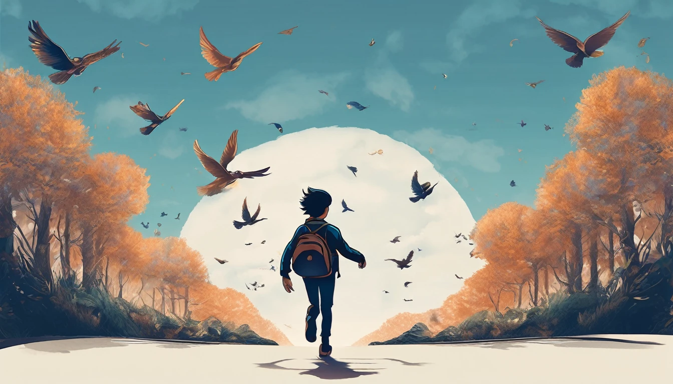 Create a professional, fantastic, cinematic Youtube Banner for a brand about music and stories called " Penamemoria". Masterpiece, 4k, sharp focus, highest quality,wide shot. The title is " Penamemoria". Is a brand about the creative, unique journey of a boy into becoming a musician storyteller. In his journey he finds inspiration in a world of birds and feathers. Minimalistic, simple, poetic, dreamy logotype at the center of the image. The Background image is a world full of fantastic feathers, unique birds, light blue sky, and a boy running happily into the horizon with an acoustic guitar in his right hand. Boy running against the wind, almost simulating like he is flying