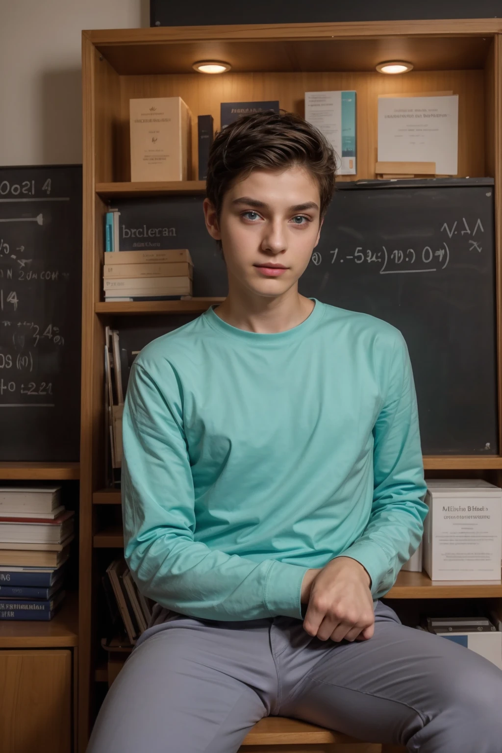 A cute, beautiful male young man with a face with makeup and black hair. He is wearing a long-sleeved, pink shirt and aqua blue pants. He is in his scientific office, sitting with medical scientific books next to him, and behind him is a blackboard with calculus written on it. Neon waves emerge from the blackboard. The scientific desk is a medical model looking on proudly.