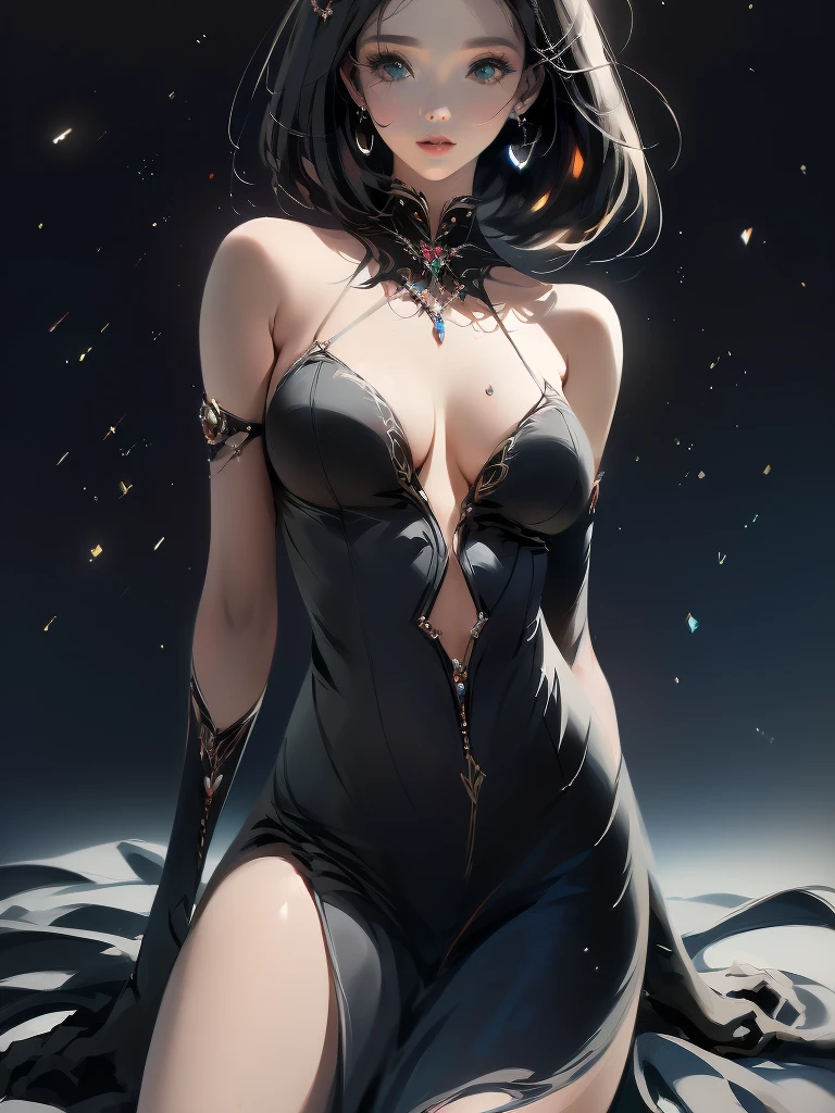 by Wlop, (Masterpiece) (Highest quality:1.4), (Highest Detailed:1.3), absurdres, Odette_ML, large breasts, thick thighs, full body composition, lifelike,smiling, Striking Contrast, Bold Composition, Evocative Intrigue, masterpiece,best quality, beautiful and aesthetic, cinematic composition, dynamic pose, (Rendered in ultra-high definition (UHD) resolution 8K:1.4), RAW,