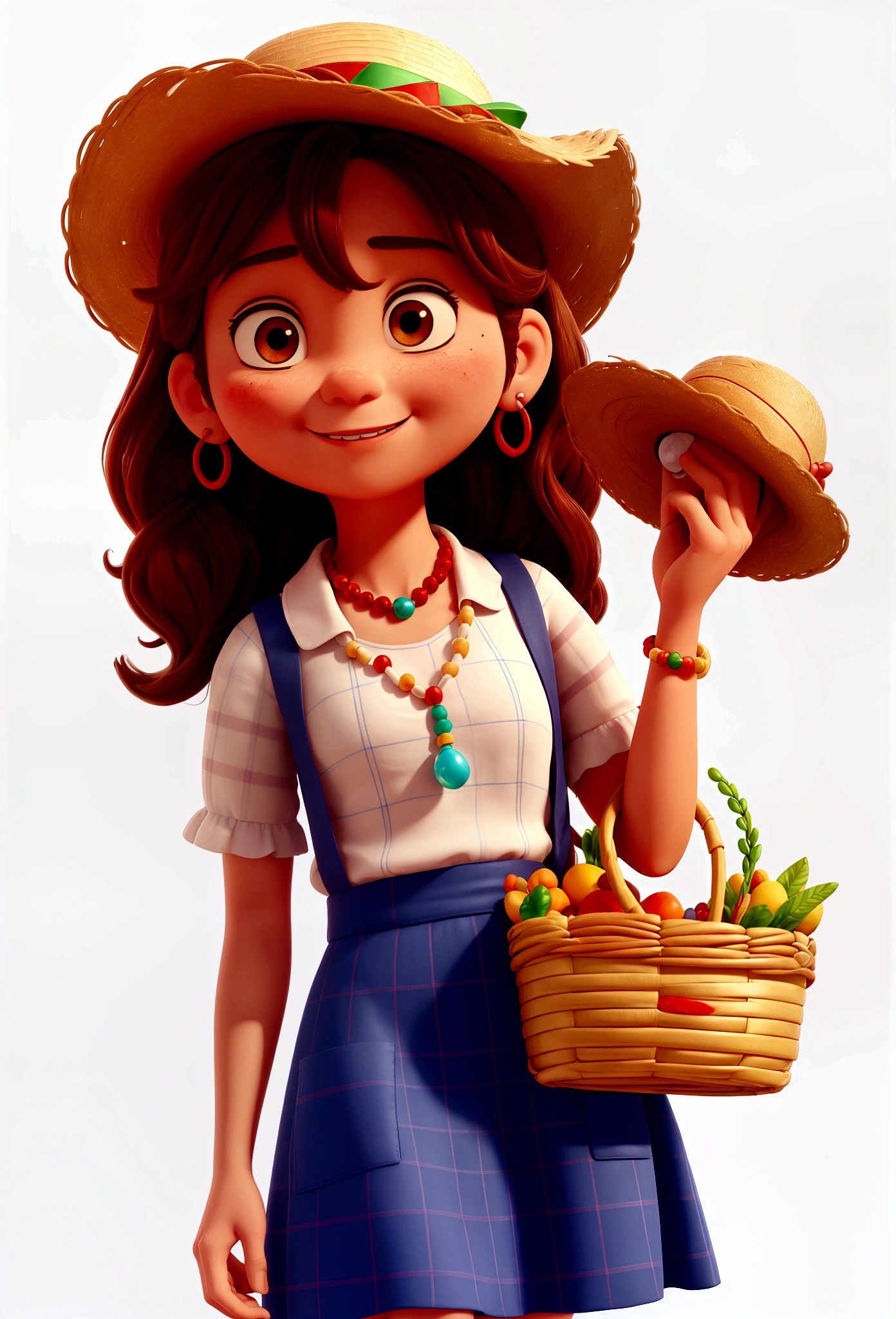 Create a 3D Movie Poster Inspired by Disney Pixar, Dinner must be in digital art style,Round face, big, bright brown eyes, rosy cheeks. Light brown bun hair, wavy and loose to the shoulders. Wearing a white blouse with puffed sleeves, blue and red plaid skirt, apron with large pockets, distressed brown leather boots.
Accessories: straw hat with red ribbon, colorful bead necklace, heart earrings. Wicker basket with fresh flowers and fruits.