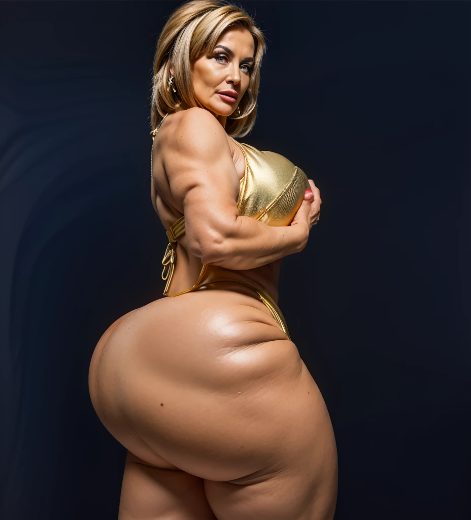 (zoom in), (masterpiece), 4k artwork, (hyper realist), Beautiful elderly woman, 65 years old, Grandmother, Female teacher, with an incredible body wearing a white swimsuit with a gold garter belt on the thighs with bronze and gold details, with her back to the camera showing a huge ass, Very slender waist, wide hip, linda Grandmother, beautiful old woman, night and urban scenery with bokeh and flares on camera