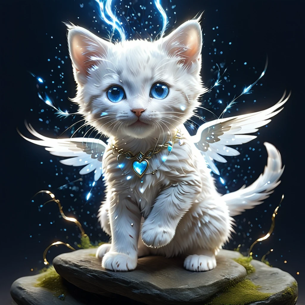 C4tt4stic,An anthropomorphized cute animal character, dressed and bipedal, with a human-like posture. The cute animal has human-like limbs and a three-headed body. The cute animal is a white furry kitten with blue eyes, surrounded by countless light particles, each particle shining brightly and intensely. The cute animal has the appearance of an angel and spreads its wings, mystical, fantasy art, exquisite details, Jean-Baptiste Monge style, Alan Lee style, anthropomorphized blue-eyed white furry kitten, movie scene, dramatic shot angles, atmospheric particles, realistic, raw cinematic photorealism, action portrait, 8k, detailed, full frame