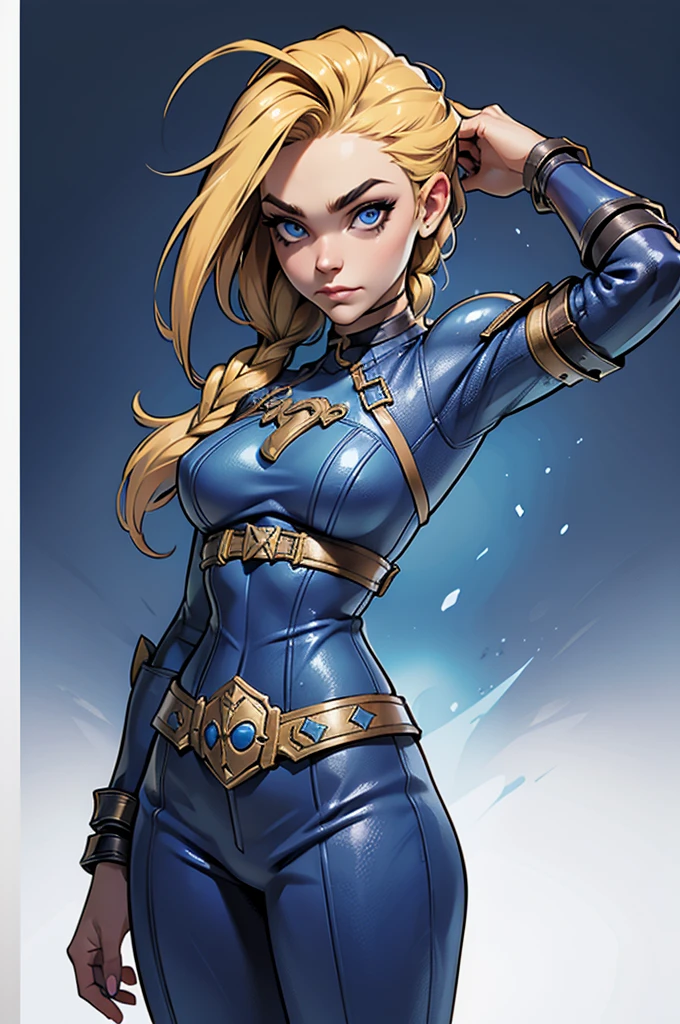 (best quality,masterpiece:1.2), expressive eyes, perfect face, 1 girl, jinx, blond hair, blue eyes, arch, Fantasies, Leather Armor, Blue clothes, Archer