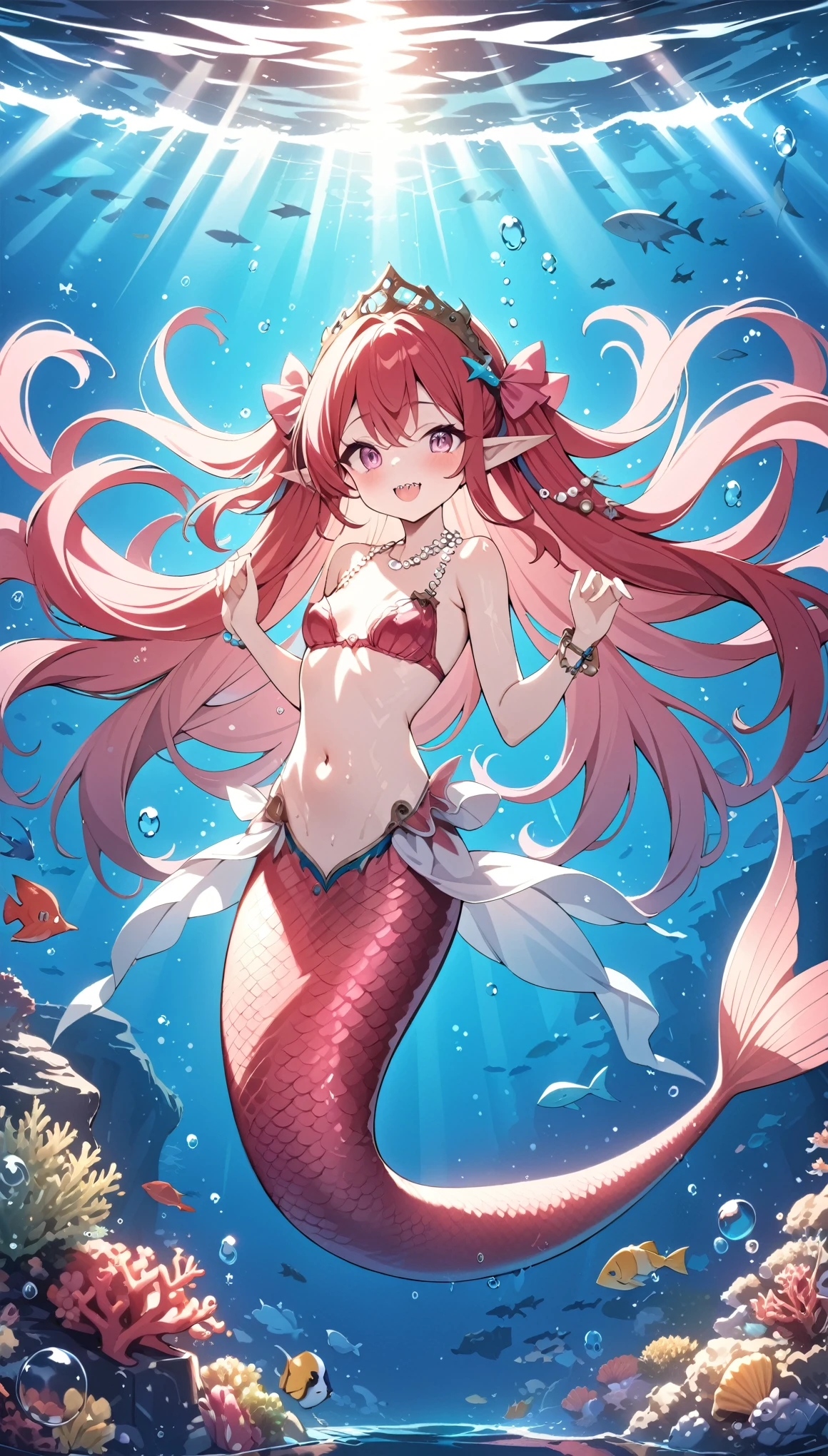 (best quality,4k,8k,highres,masterpiece:1.2),ultra-detailed, Pretty princess magically transformed into a beautiful mermaid, race swap, fantastic transformation, none human, steampunk, fish like, wet body, surrounded by small bubbles, long and detailed mermaid tail with shimmering red fish scales, fins ears, drawn in anime style, very long pigtails red hair, sharp teeth, is smiling, pink eyes, small breast, long pelvic and dorsal fins, pair of fish gills on the torso, red seashells bra, starfish hair clips, pearl earrings and bracelets, pearl necklace, hair ribbons, gold tiara, ocean depths, swimming underwater, joyful expression, playful mermaid poses, sparkling water, water reflections, ethereal atmosphere, subtle glow, whimsical and enchanting, checking her new body, underwater world, colorful coral reef, magical underwater lighting, vivid colors, breathing underwater, endless ocean depths, sunlight filtering through the water, Highly detailed, masterpiece, high quality, 4K.