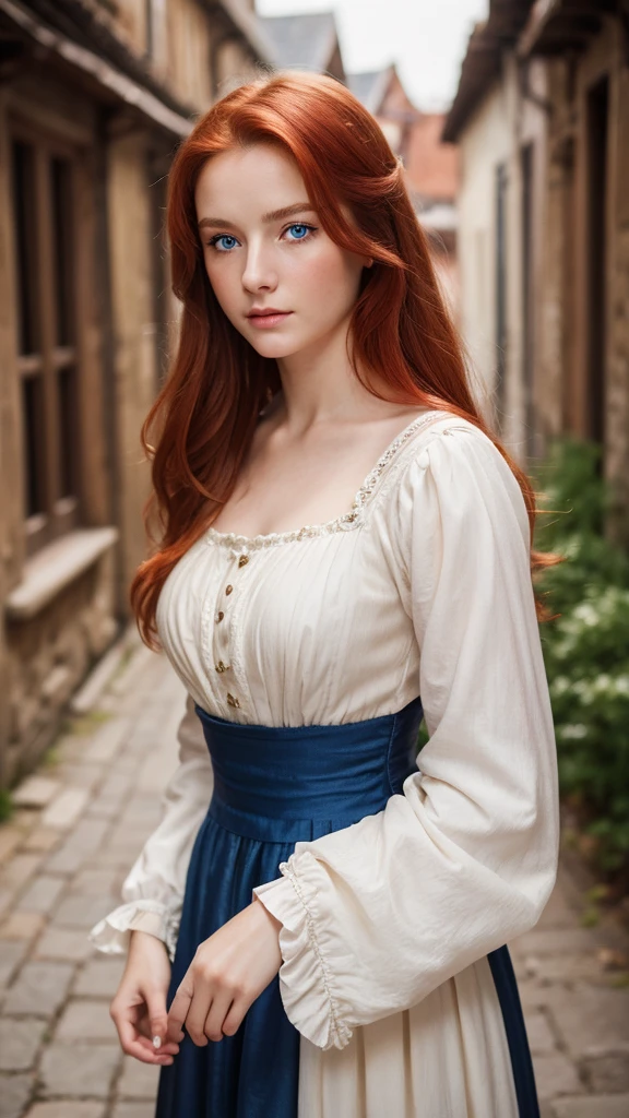 best quality, masterpiece, realistic photo, intricate details, raw photo, ultra detailed, old fashioned young woman, with peasant style dress, no necklines, red hair, perfect detailed and blue eyes, walking in an old city, HD quality, 8K, young woman, 20 years old