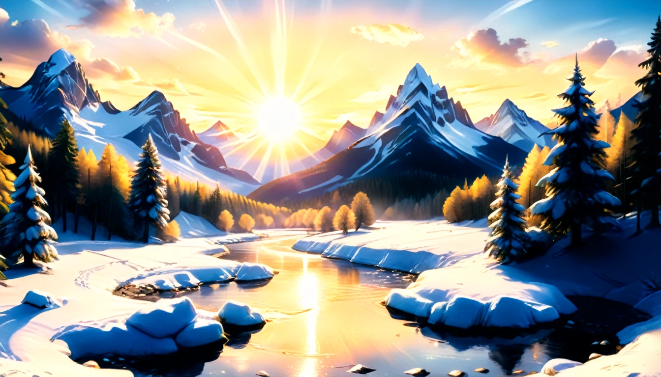 a National Geographic nature shot of a snowy mountain, the sun rises, (the transition between night and day: 1.3), the snow forest mountain range, the forest in the mountains, there pine trees, snow, a river flows between the mountains, the forest is reflected in rays of sunset in river, divine rays, some clouds, sun rays, some stars,  (highest quality:1.2, Very detailed, up to date, Vibrant, Ultra-high resolution, High Contrast, masterpiece:1.2, highest quality, Best aesthetics), best details, best quality, highres, ultra wide angle, 16k, [ultra detailed], masterpiece, best quality, (extremely detailed: 1.5), aetherpunkai, Cinematic Hollywood Film style