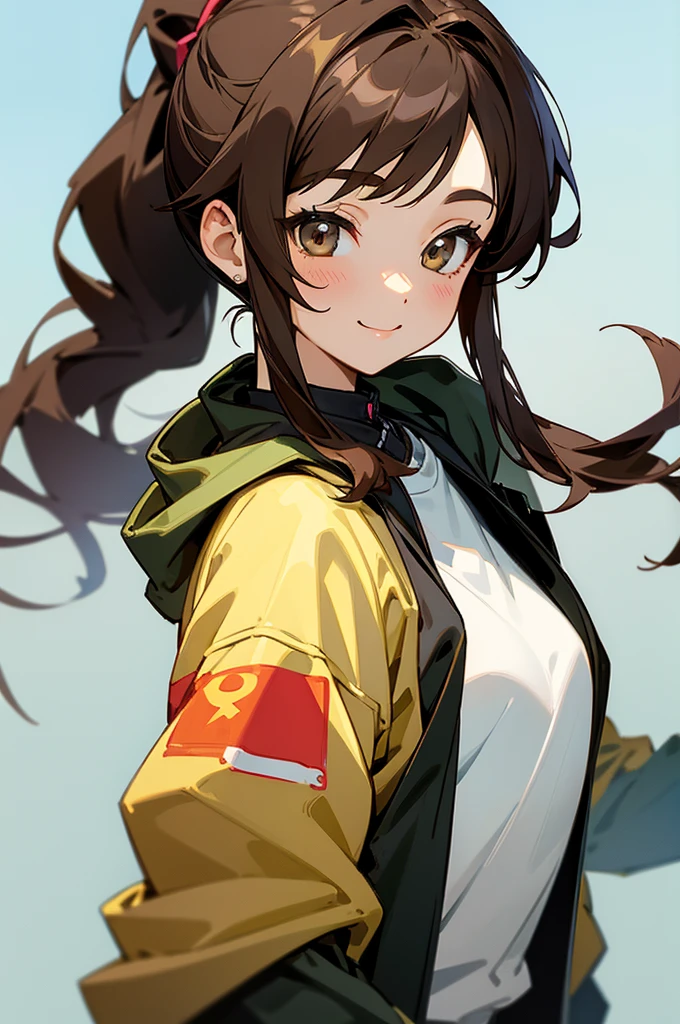 1 Girl、Anime-style paintings、Brown hair in a ponytail, Black innerwear、Wearing a jacket, Upper body close-up、smile