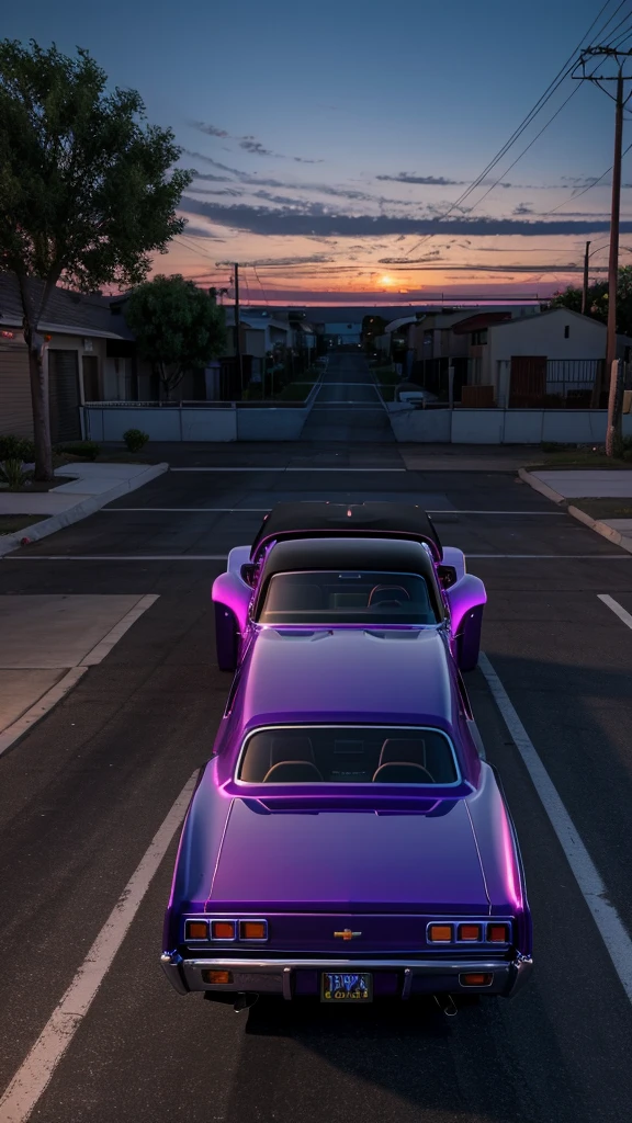 8k photorealistic scene of a customized, modified, west coast customs style midnight purple Chevy ‘69 Lowrider bouncing with hydraulics in a Latino neighborhood at dusk, highly detailed, ultra realistic, proportionate, no errors