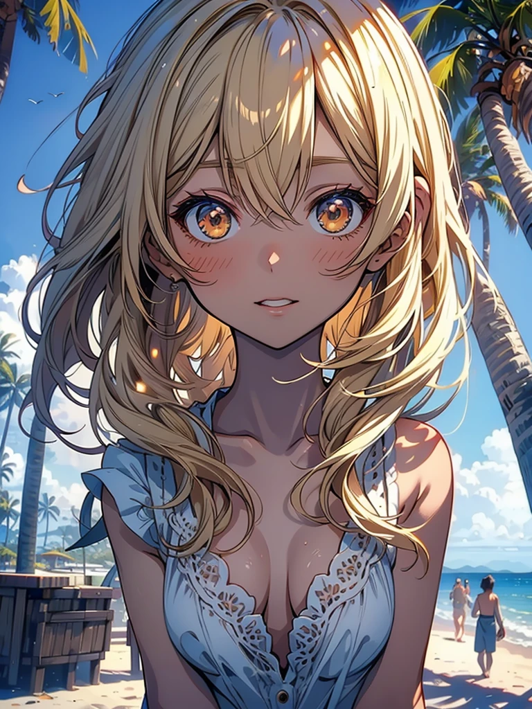 masterpiece, rich colors, Best quality, detailed, high resolution, Hyper quality, high detail, , high quality, detailing, skinny sexy girl on the beach , bright lighting , Brown eyes, Anime, palm trees, bright lighting, blonde,