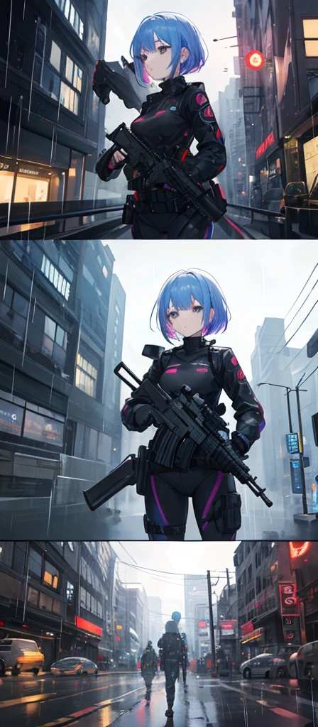 ((Best Quality)), ((Masterpiece)), (detailed), 1 girl, anime, short rainbow hair, black futuristic tactical suit, Assault rifle, city at night raining