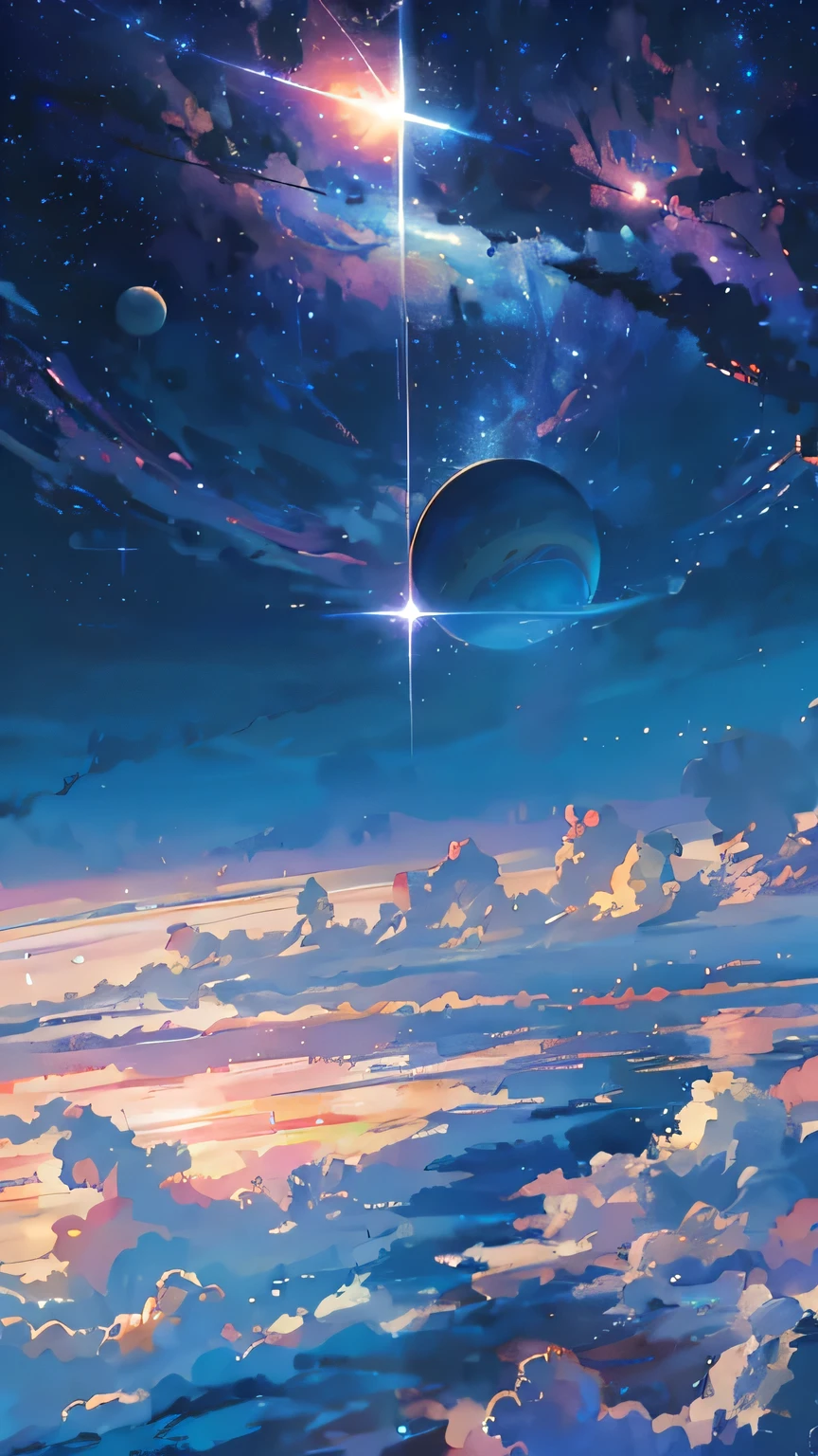 "(Highest quality,4K,8K,High resolution,masterpiece:1.2),Super detailed,Realistic:1.37,anime,Beautiful detailed sky with stars and planets,Space sky space style scene,Artwork by Makoto Shinkai,anime art wallpaper 4K,anime art wallpaper 4K,anime art wallpaper 8K,anime wallpaper 4K,anime wallpaper 4K,4K anime wallpaper,anime sky,Awesome Wallpapers,anime background,Celestial planets in the background,anime background art"