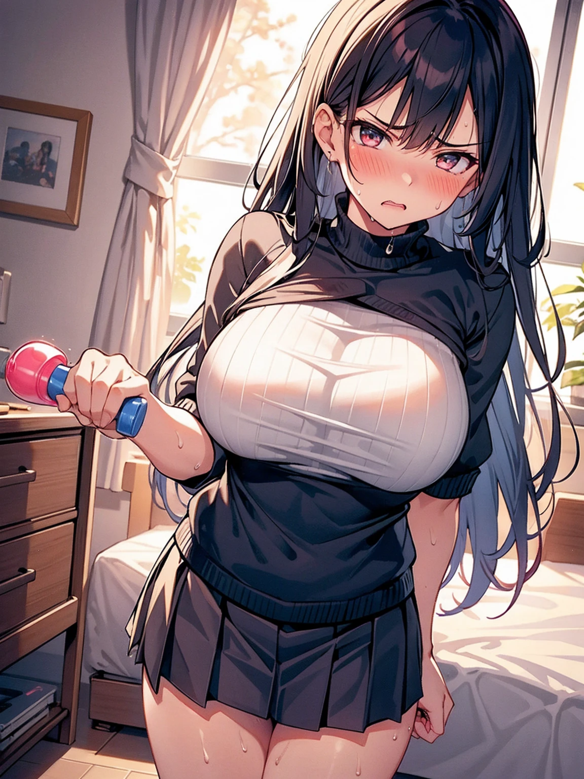 Grabbing a dildo inserted in her pussy, Pleated skirt, My Room, (Angry face, blush, Sweat), standing, navy long hair, Big Breasts