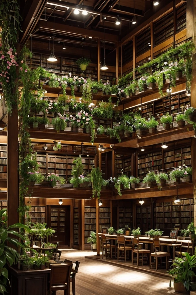 A cafe full of flowers and plants with a library and a variety of dark barang musical instruments