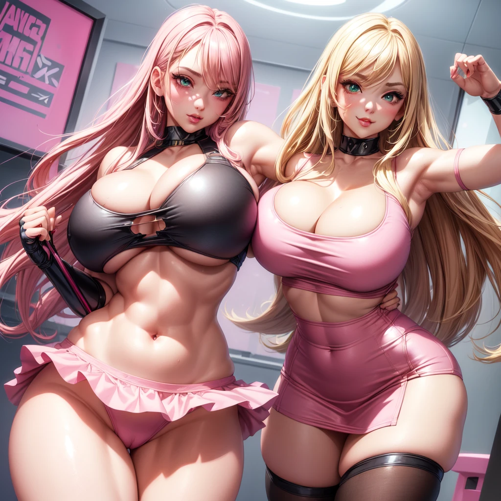 ((1 girls), solo, Big round breasts, trendy, stylish, clevage, thighs, hips, realistic, pink hair, blonde hair, light green eyes, lip gloss, detailed face, amazing big eyes, eye details, big lips, eyebrow details, pink mini skirt, crop top blush, confident, dominant, bdsm, smirk, naughty, mischevious face, HD, good quality, curvy, standing up, thick thighs, attractive, amazing body, perfect body, slim thick, indoors, bedroom, pink outfit