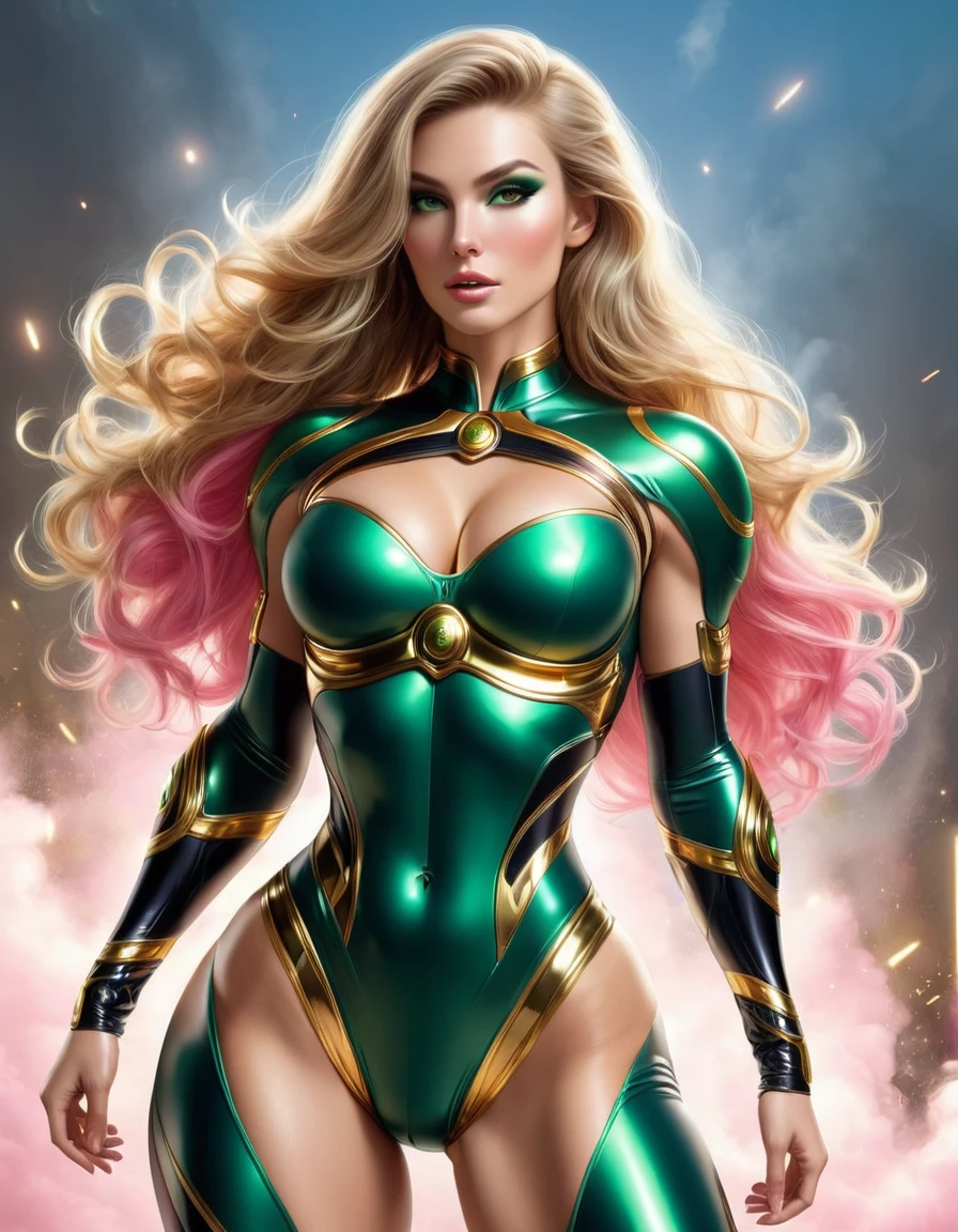 BEAUTIFUL GODDESS WOMAN , tall woman BODY, tall woman, STRONG CURVED ATHLETIC BODY, muscles, BLACK GREEN COSTUME, body tanga, gold accents, BEAUTIFUL THIGHS EXPOSED, SWEATY BUTTOCKS, Strong glutes, TENNIS GOLD, GOLDEN GAUNTLETS, HUGE LONG BLUE BLACK PINK body hair, very pale skin, body hair, body hair STYLE, EXPRESSIVE LIGHT GRAY EYES, High cheekbone, rosy cheeks, strapless bodysuit, full body perspective, Side view of the body, War scenario, sexiness, mythology artwork, work of art