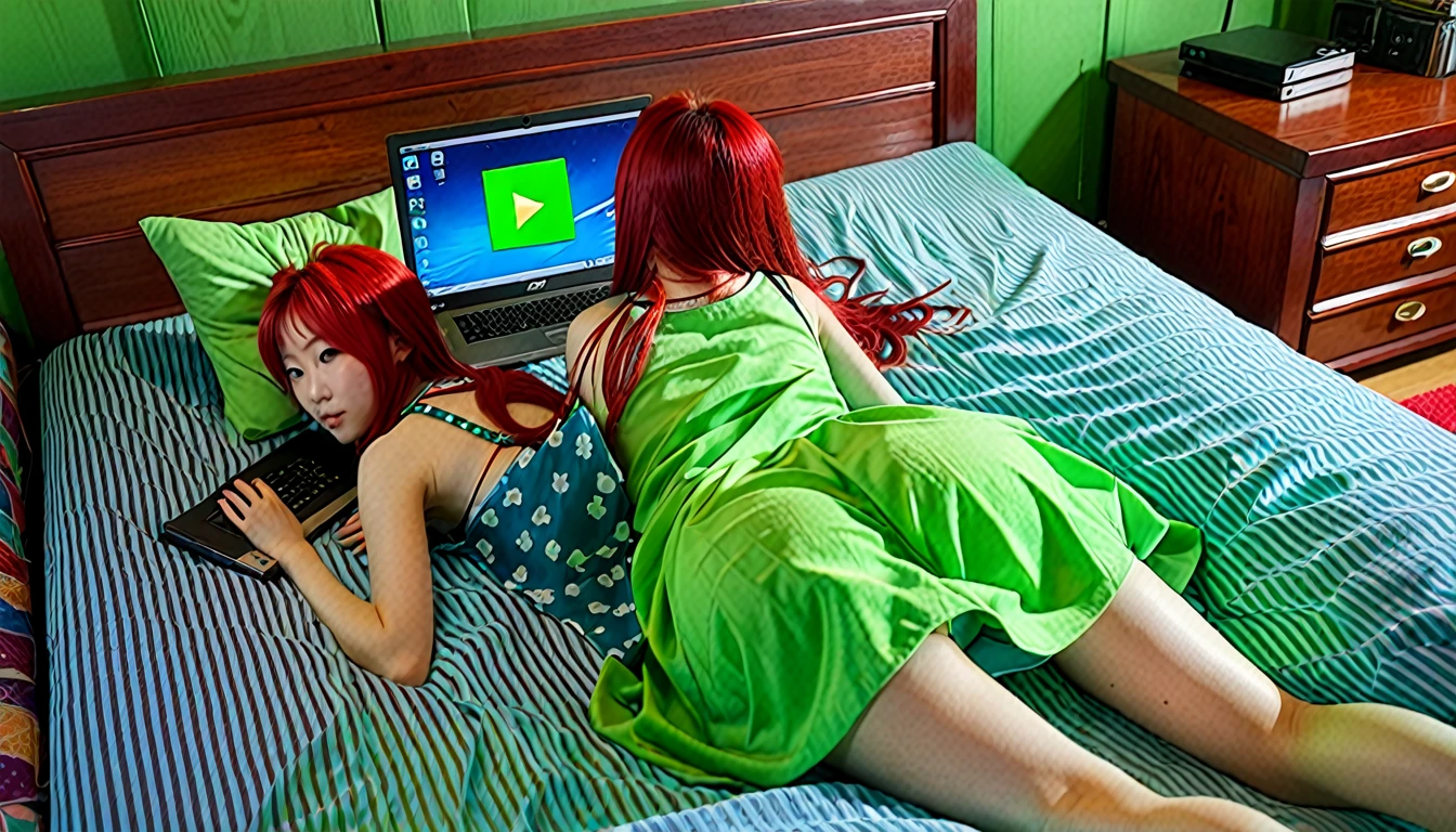 Uhd, photo of Cami, subject: Noriko, 1/2 Japanese 1/2 Hainu skinny girl with long red hair lying in a bed using the lit portable computer placed in front of her on the bed, viewed from behind, blue+++ eye, LGBTQIA+, queer, punk style, wearing green long nightgown. Background: wooden bedroom.