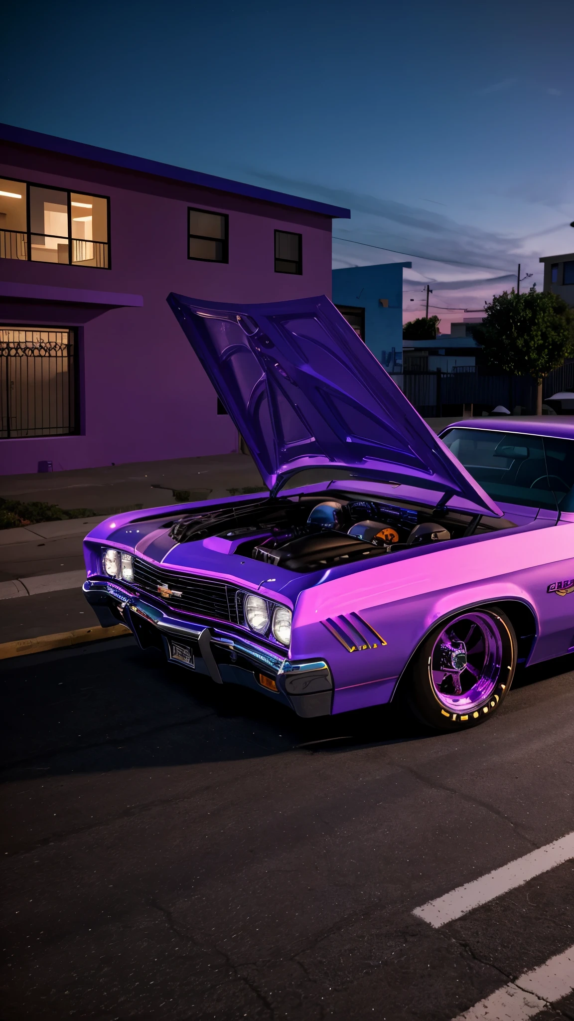 8k photorealistic scene of a customized, modified, west coast customs style midnight purple Chevy ‘69 Lowrider bouncing with hydraulics in a Latino neighborhood at dusk, highly detailed, ultra realistic, proportionate, no errors
