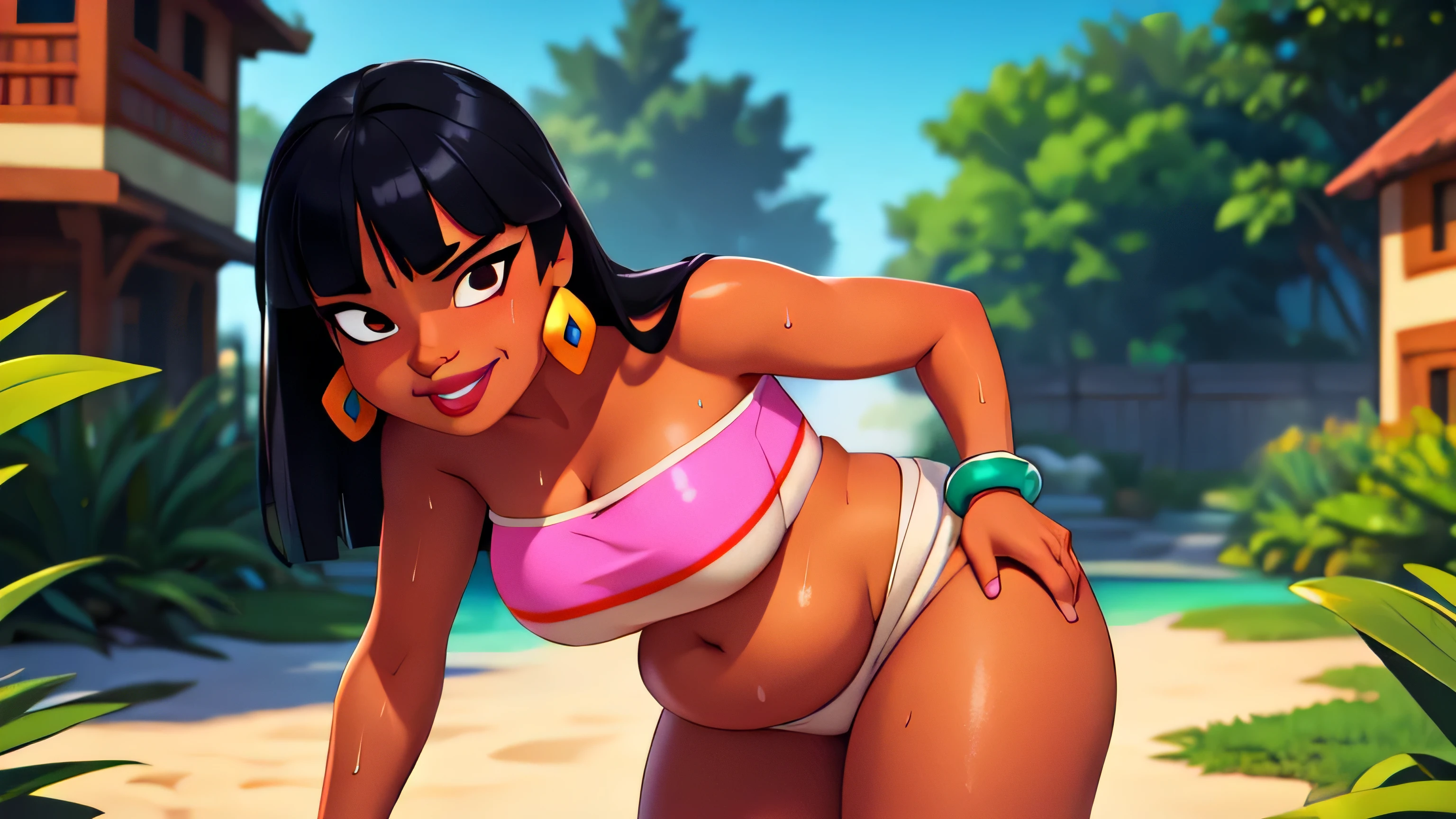 (work of art:1.2, best qualityer:1.2), soft ambient lighting, perfect lighting, 1 girl, standing alone, Chel, Bblack hair, long hair, rhombus stripe, eyes browns, darkskin, lipstick, breasts big, Broad Hips, top of the tube, neckleace, bared shoulders, emerald earrings, emerald bracelets, looking at the camera with a smug expression on his face, beach background, very large body, fat belly rolls, big breasts, sexy smile, fat arms, thunder thighs, super fat, looking at viewer, wet clothes, sweating very hard, sexy looking, blob