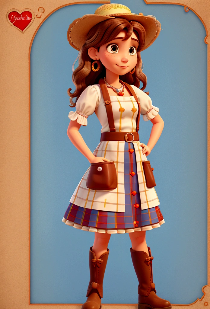 create a Disney-inspired 3D movie poster Light brown hair, wavy and loose to the shoulders. Wearing a white blouse with puffed sleeves, blue and red plaid skirt, apron with large pockets, distressed brown leather boots. Accessories: straw hat with red ribbon, colorful bead necklace, heart earrings