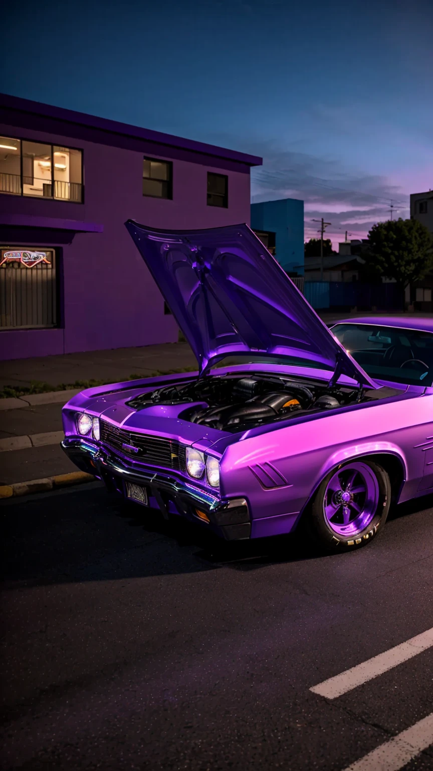 purple car with hood open on street with buildings in background, lowrider style, swagger! lowrider culture, purple neon, muscle cars, purple glow, lowriders, glowing purple, ultraviolet and neon colors, purple - tinted, low purple flame, purple tornado, purple color lighting, purple lightning, neon purple, car photography, moody purple glow light, auto photography