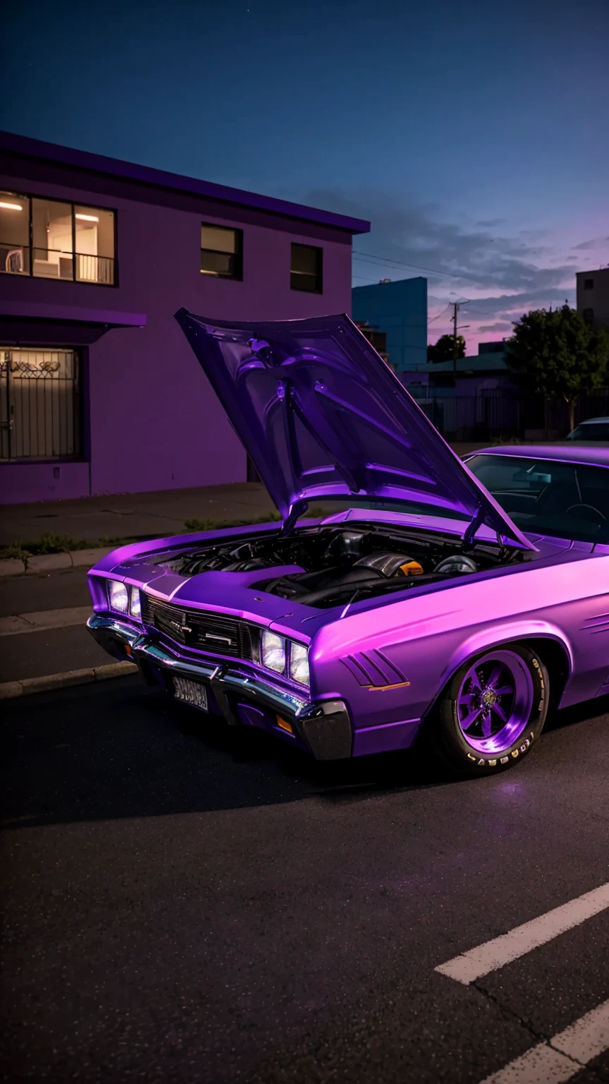 purple car with hood open on street with buildings in background, lowrider style, swagger! lowrider culture, purple neon, muscle cars, purple glow, lowriders, glowing purple, ultraviolet and neon colors, purple - tinted, low purple flame, purple tornado, purple color lighting, purple lightning, neon purple, car photography, moody purple glow light, auto photography