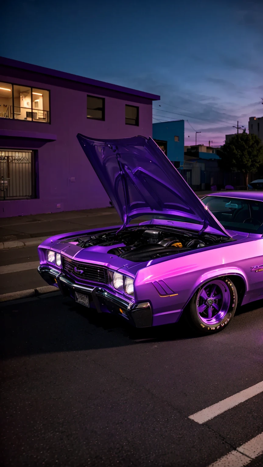 purple car with hood open on street with buildings in background, lowrider style, swagger! lowrider culture, purple neon, muscle cars, purple glow, lowriders, glowing purple, ultraviolet and neon colors, purple - tinted, low purple flame, purple tornado, purple color lighting, purple lightning, neon purple, car photography, moody purple glow light, auto photography