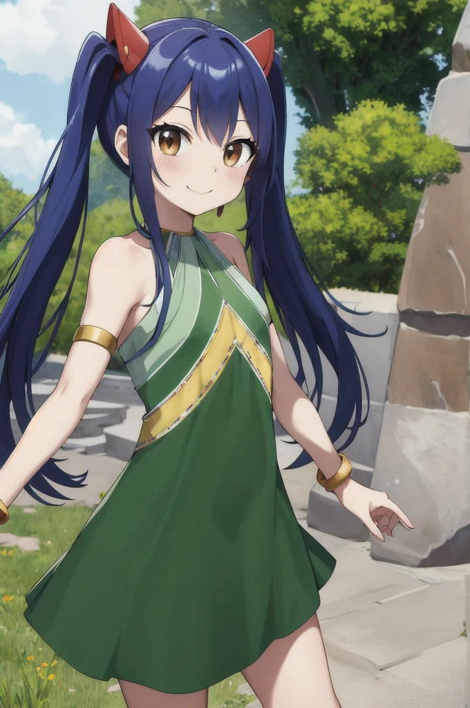 masterpiece, best quality, highres, aawendy, long hair, twintails, hair ornament, bare shoulders, green dress, sleeveless dress, armlet, bracelet, outdoors, standing, cowboy shot, smile,