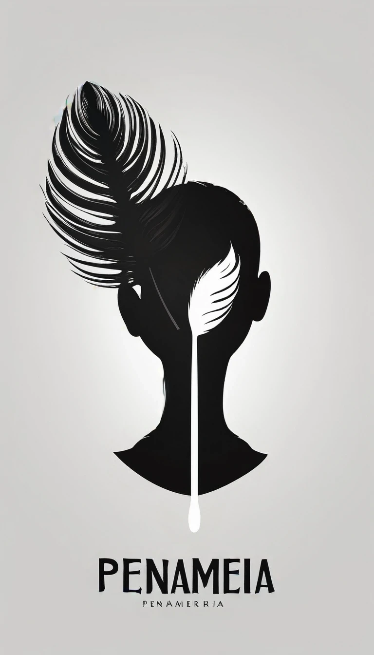 A minimalist, fantastic, poetic, dreamy, captivating, memorable, masterpiece, modern, simple logo design of a boy and a feather for the brand “Penamemoria". The logo must convey a sense of music, stories and dreams. Minimalistic logo design of a boy and a feather.