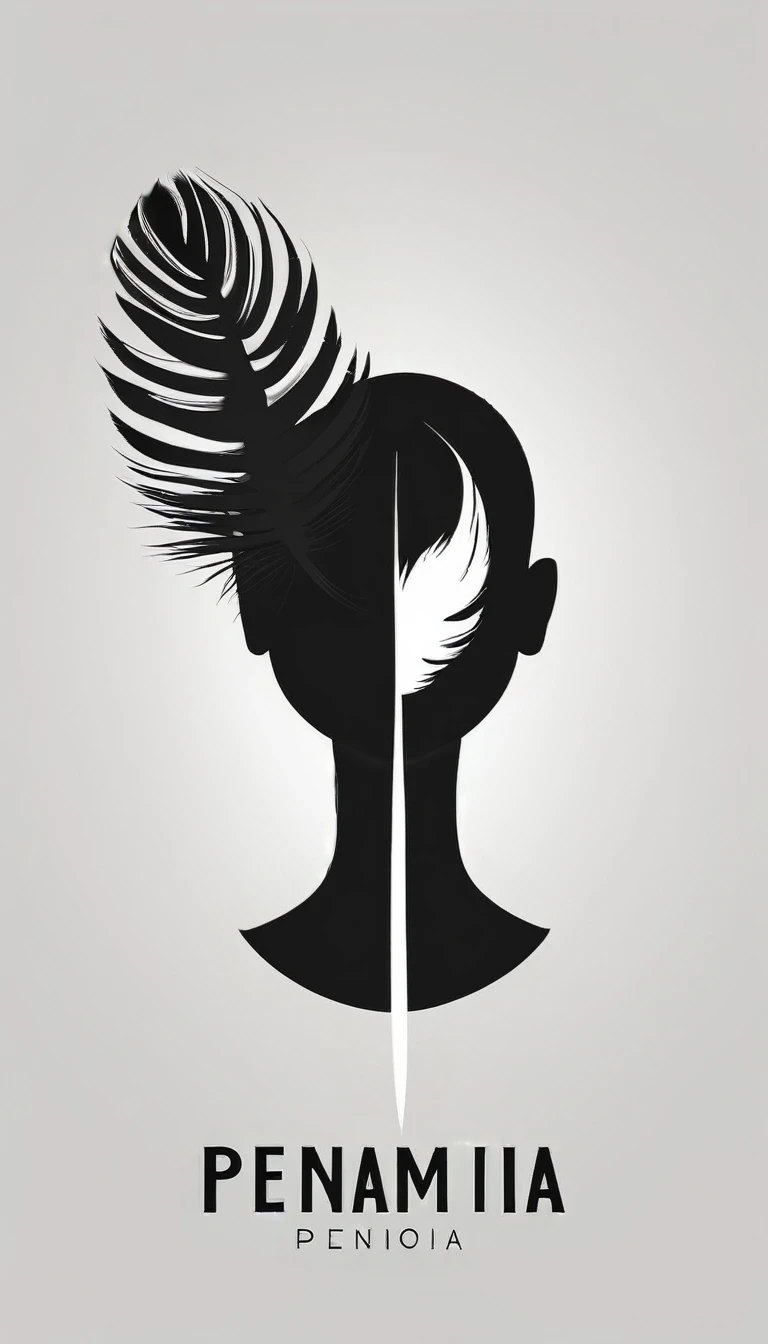 A minimalist, fantastic, poetic, dreamy, captivating, memorable, masterpiece, modern, simple logo design of a boy and a feather for the brand “Penamemoria". The logo must convey a sense of music, stories and dreams. Minimalistic logo design of a boy and a feather.