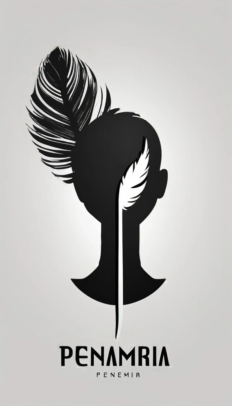 A minimalist, fantastic, poetic, dreamy, captivating, memorable, masterpiece, modern, simple logo design of a boy and a feather for the brand “Penamemoria". The logo must convey a sense of music, stories and dreams. Minimalistic logo design of a boy and a feather.