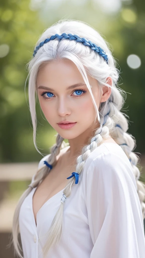 Excellent, masterpiece, white hair, blue eyes, white clothes, upper body, hair, fair skin, side braids, best quality
