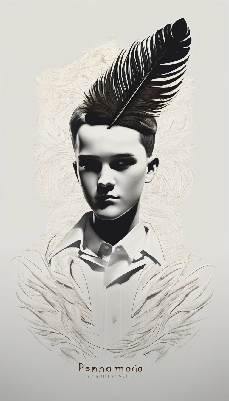 A minimal, modern, simple, cinematic logotype of a boy with a head full of feathers for the brand “Penamemoria" .