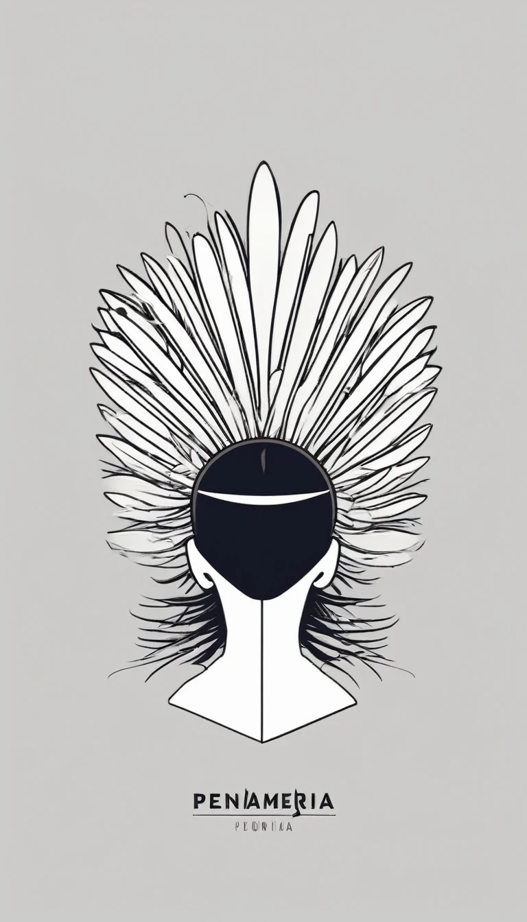A minimal, modern, simple, cinematic logotype of a boy with a head full of feathers for the brand “Penamemoria" .