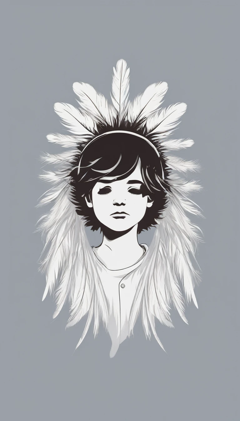 A minimal, modern, simple, cinematic logotype of a boy with a head full of feathers for the brand “Penamemoria" .
