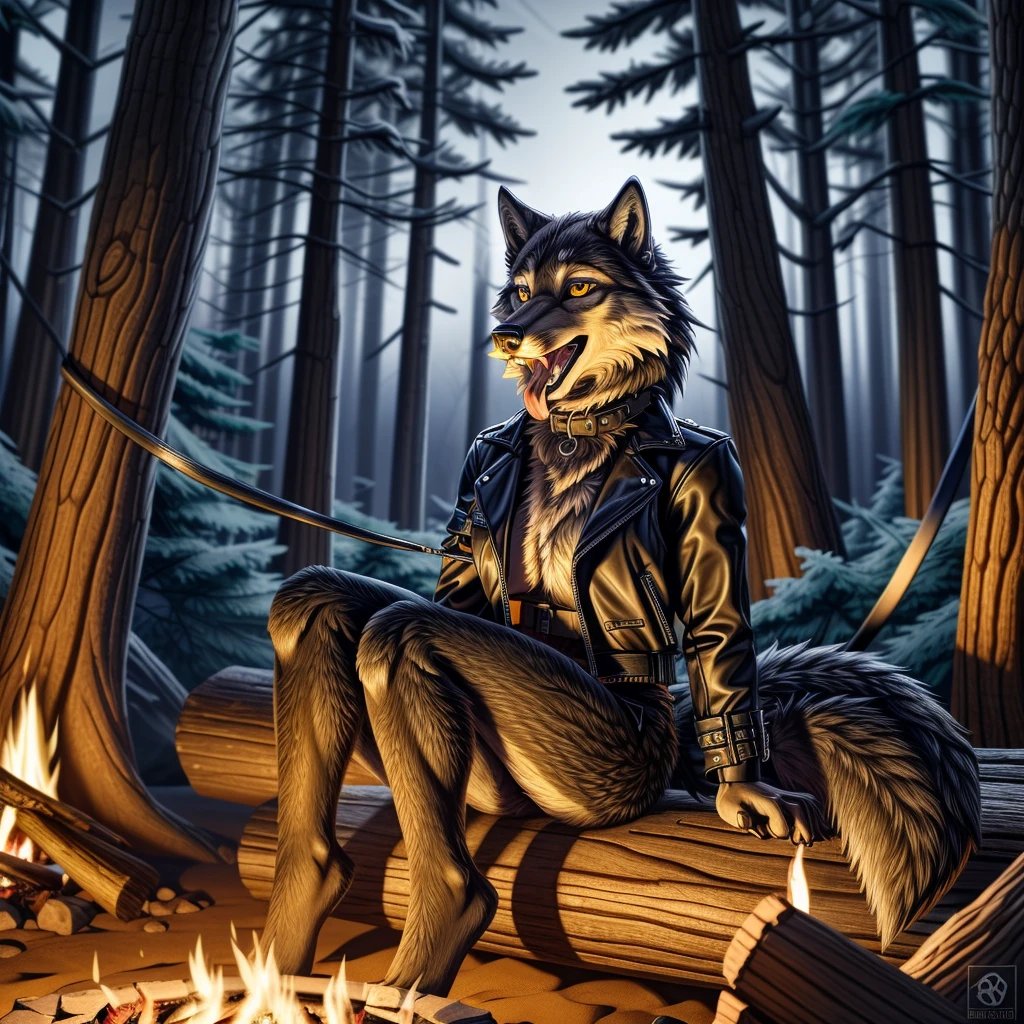 Sitting in front of campfire on log, female, 30 years old, happy, mouth open with tongue hanging out, black leather jacket, anthro, wolf ears, (black fur:1.5), wolf, forest background, 8k, hi res, (best quality, masterpiece), (wolf tail:1.5), detailed fur, solo, looking at camera, night, leash, collar,