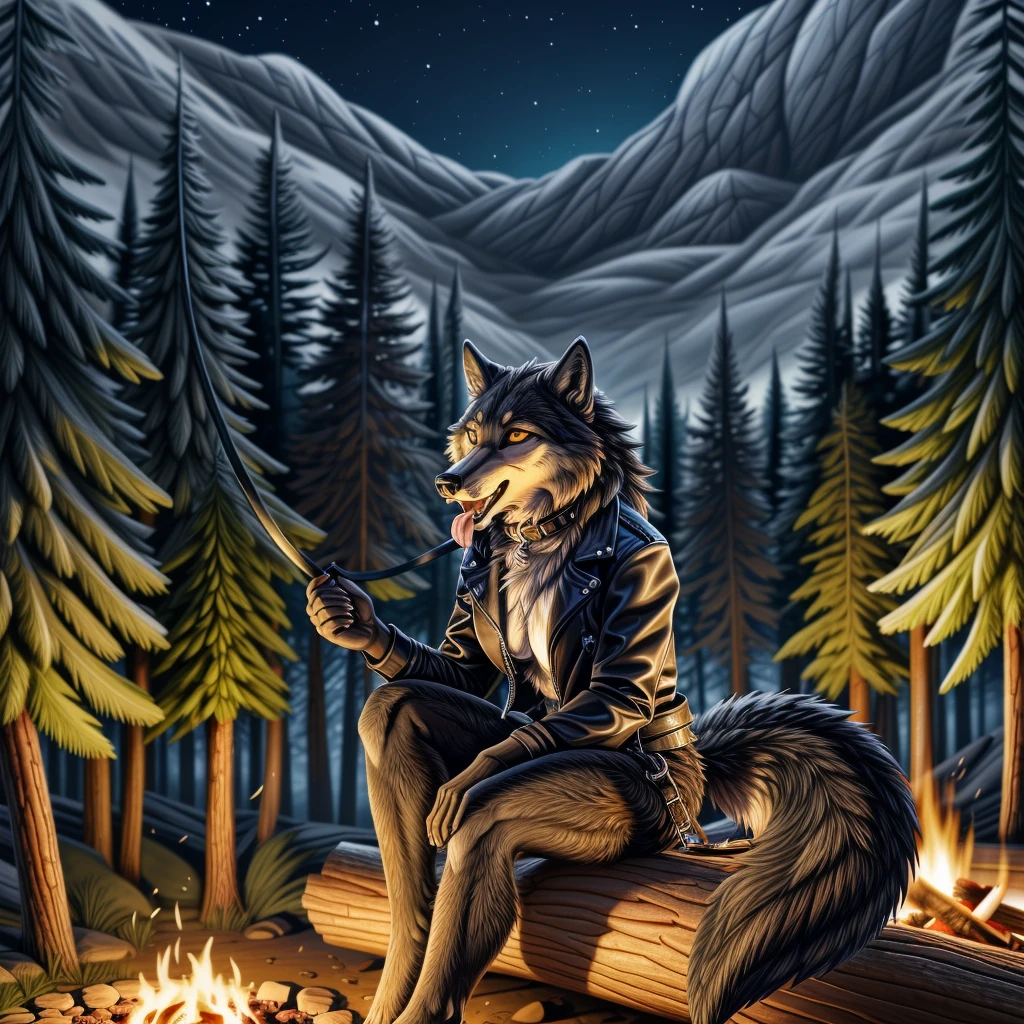 Sitting in front of campfire on log, female, 30 years old, happy, mouth open with tongue hanging out, black leather jacket, anthro, wolf ears, (black fur:1.5), wolf, forest background, 8k, hi res, (best quality, masterpiece), (wolf tail:1.5), detailed fur, solo, looking at camera, night, leash, collar,