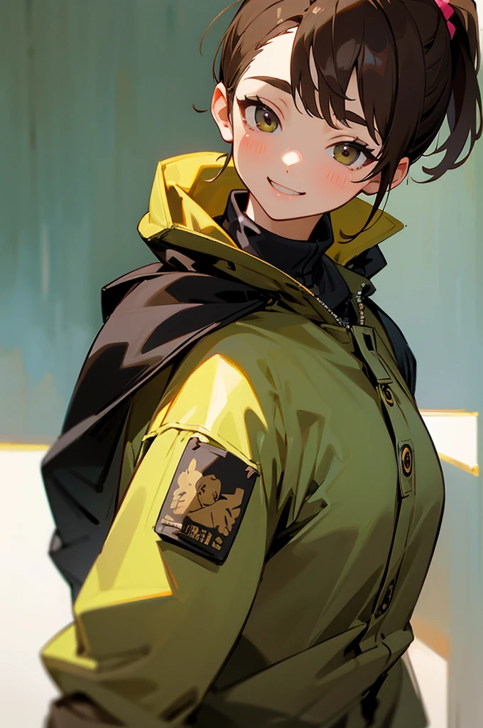 1 Girl、Anime-style paintings、Brown hair in a ponytail, Black innerwear、Wearing a khaki jacket, Upper body close-up、smile