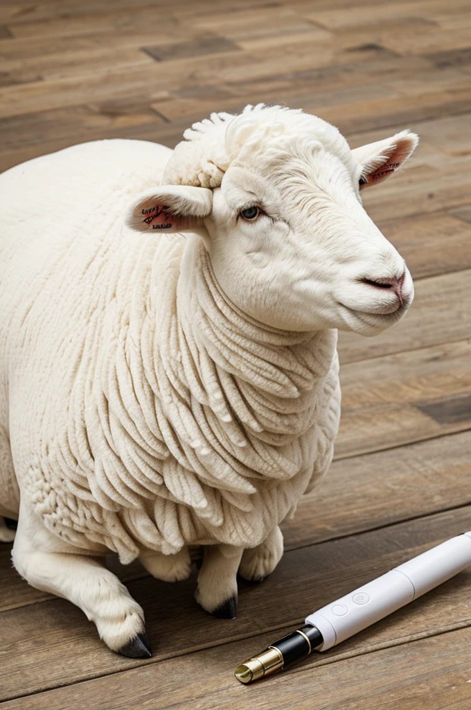 create a simple logo of a white sheep with a vape pen, cheered up
