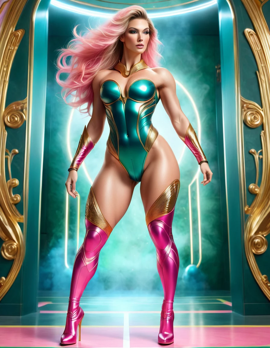 BEAUTIFUL GODDESS WOMAN , tall woman BODY, tall woman, STRONG CURVED ATHLETIC BODY, muscles, BLUE PINK SUIT, body tanga, gold accents, BEAUTIFUL THIGHS EXPOSED, SWEATY BUTTOCKS, Strong glutes, TENNIS GOLD, GOLDEN GAUNTLETS, HUGE LONG BLUE GREEN PINK body hair, very pale skin, body hair, body hair STYLE, EXPRESSIVE LIGHT GRAY EYES, High cheekbone, rosy cheeks, strapless bodysuit, full body perspective, Side view of the body, War scenario, sexiness, mythology artwork, work of art
