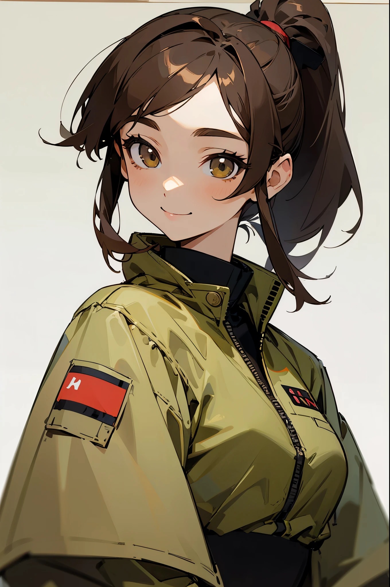 1 Girl、Anime-style paintings、Brown hair in a ponytail, Black innerwear、Wearing a khaki jacket, Upper body close-up、smile