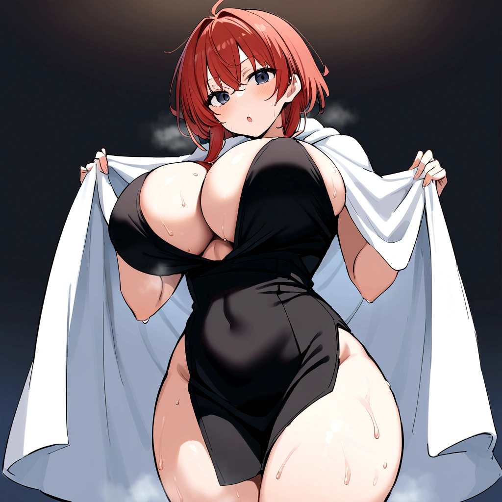 My name is Hikaru, I am a white test woman with long red hair and black eyes. I am 1.60 cm tall and weigh 46 kg. My breast sizes are 300 cm, my waist is 60 cm and my hips are 200 cm. Dressed in with a towel around the body and wet hair . With big breasts 300 cm